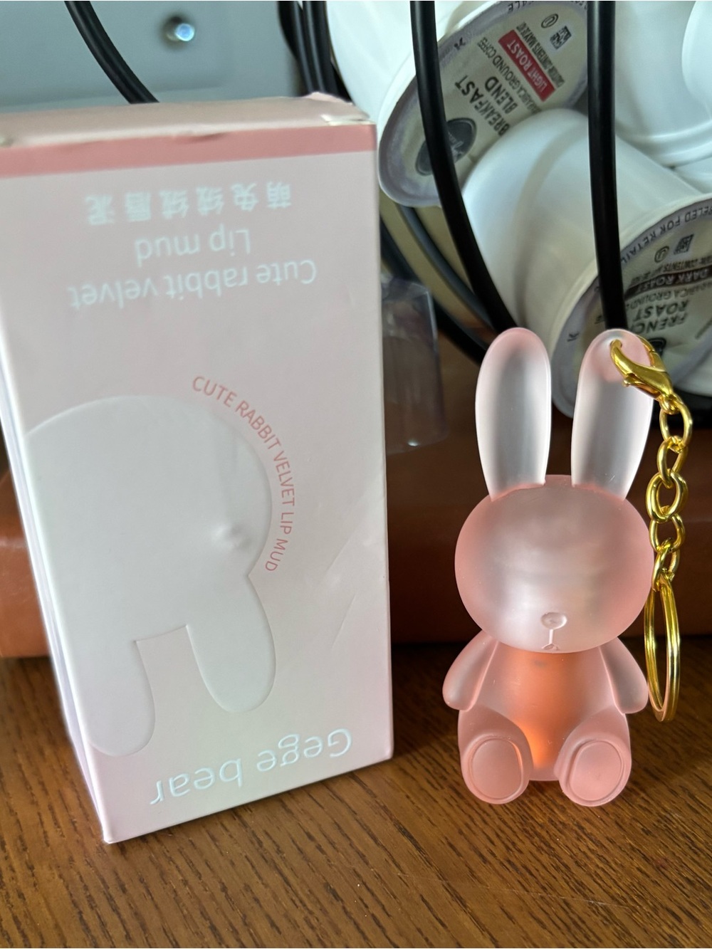 Cute Rabbit Keychain Accessory - Pink Frosted Rabbit with Gold Ring